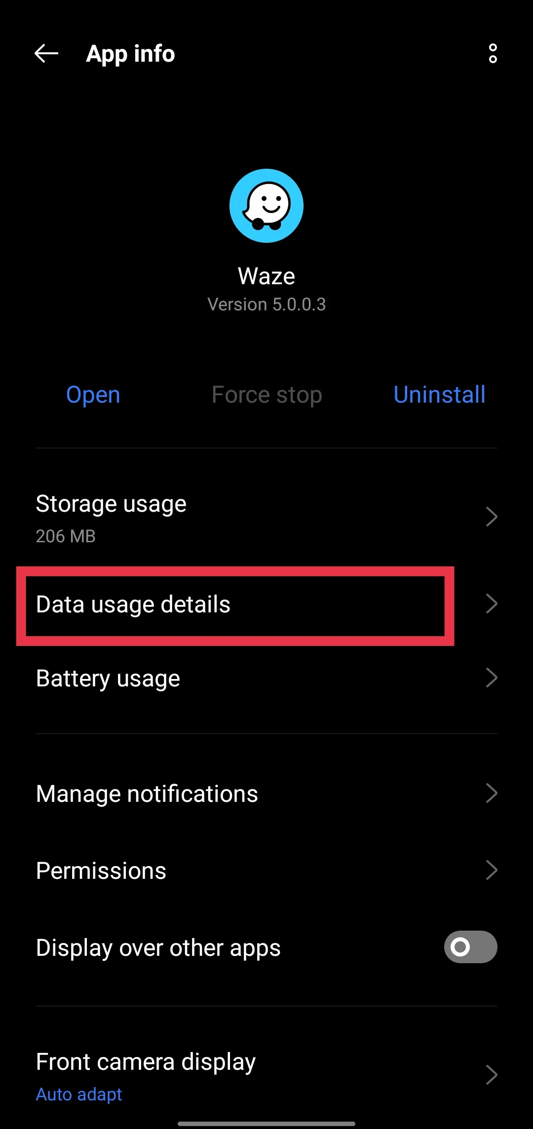 Waze app data usage details on Android