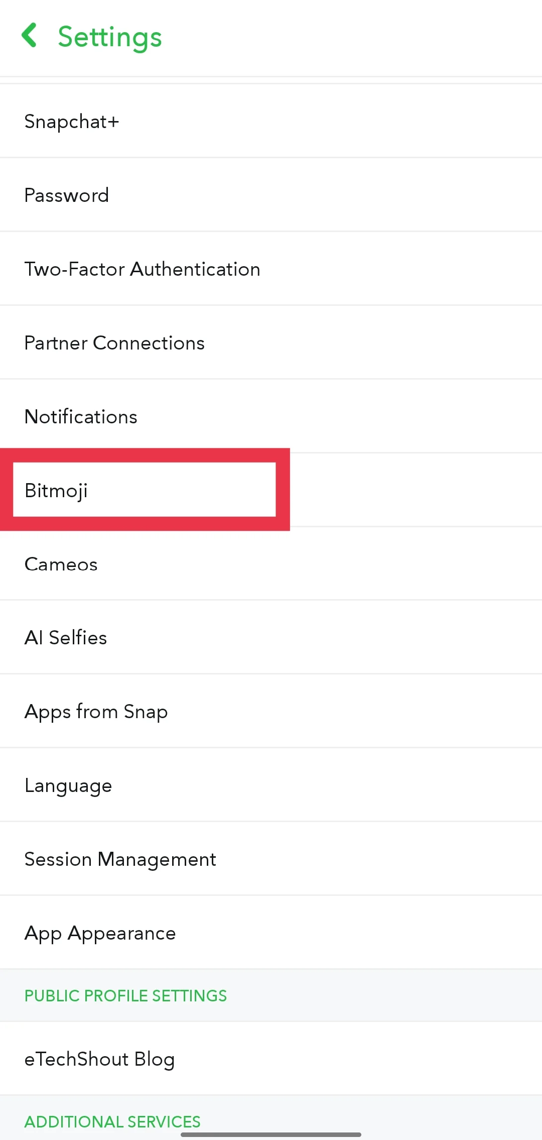 Bitmoji section on Snapchat settings