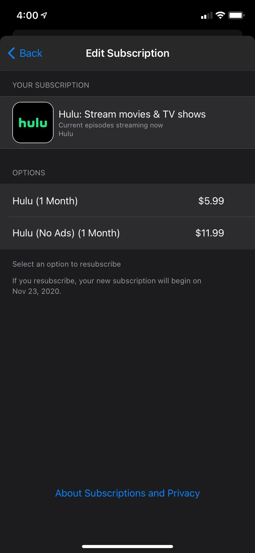 Cancel Hulu subscription on iOS