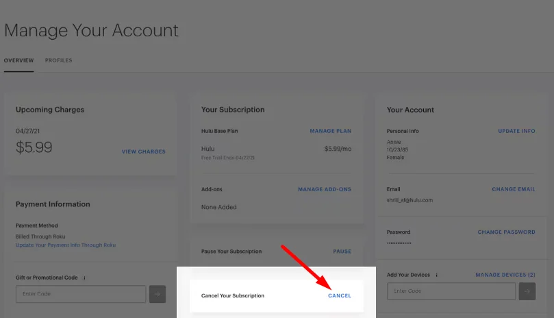 Cancel your subscription on Hulu website