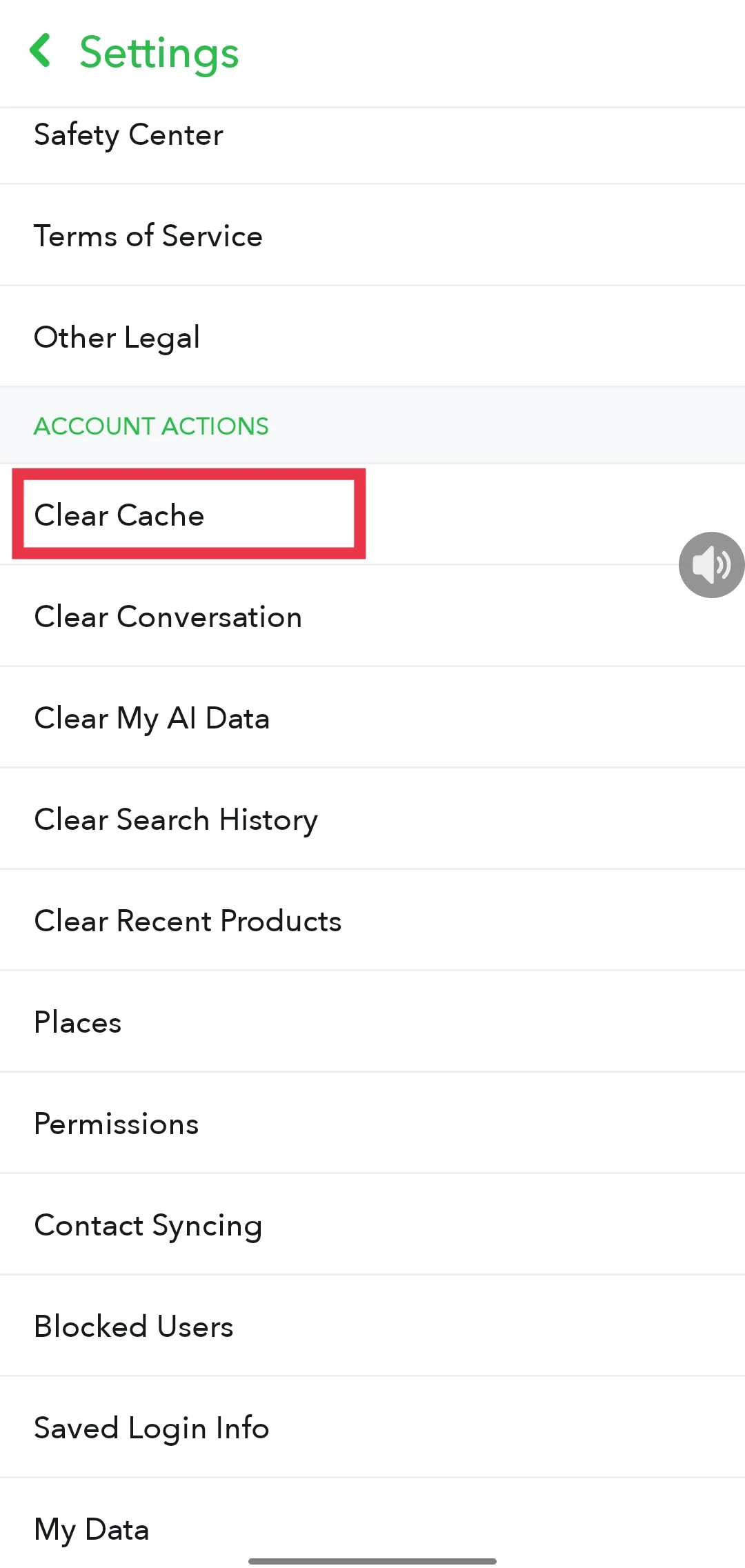 Clear cache option on Snapchat