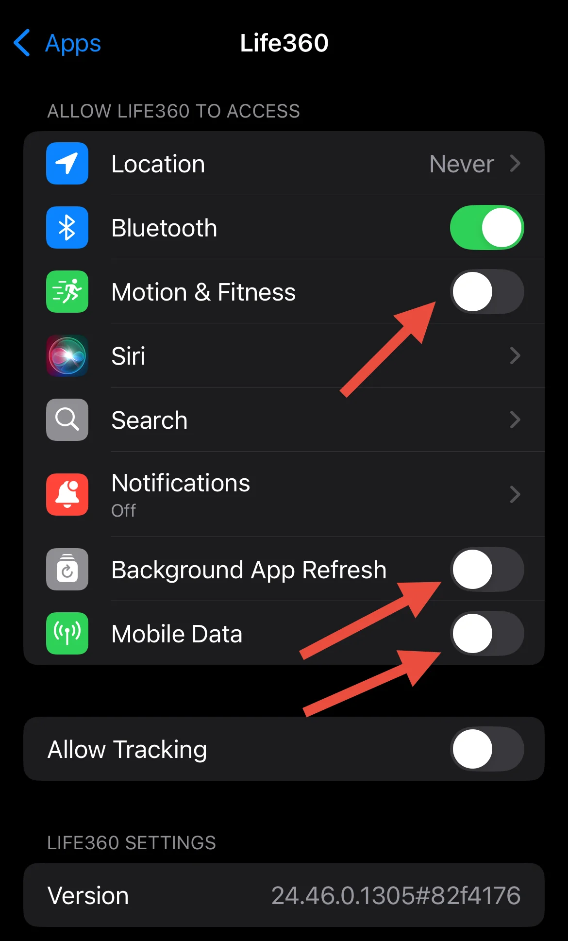 Disable motion fitness background refresh Life360