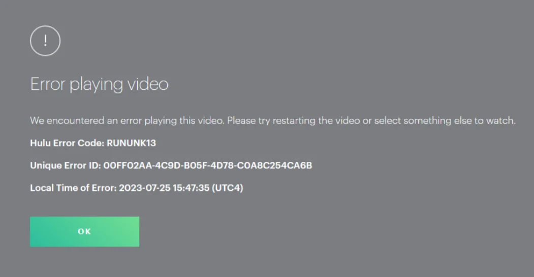 Hulu RUNUNK13 Error Message