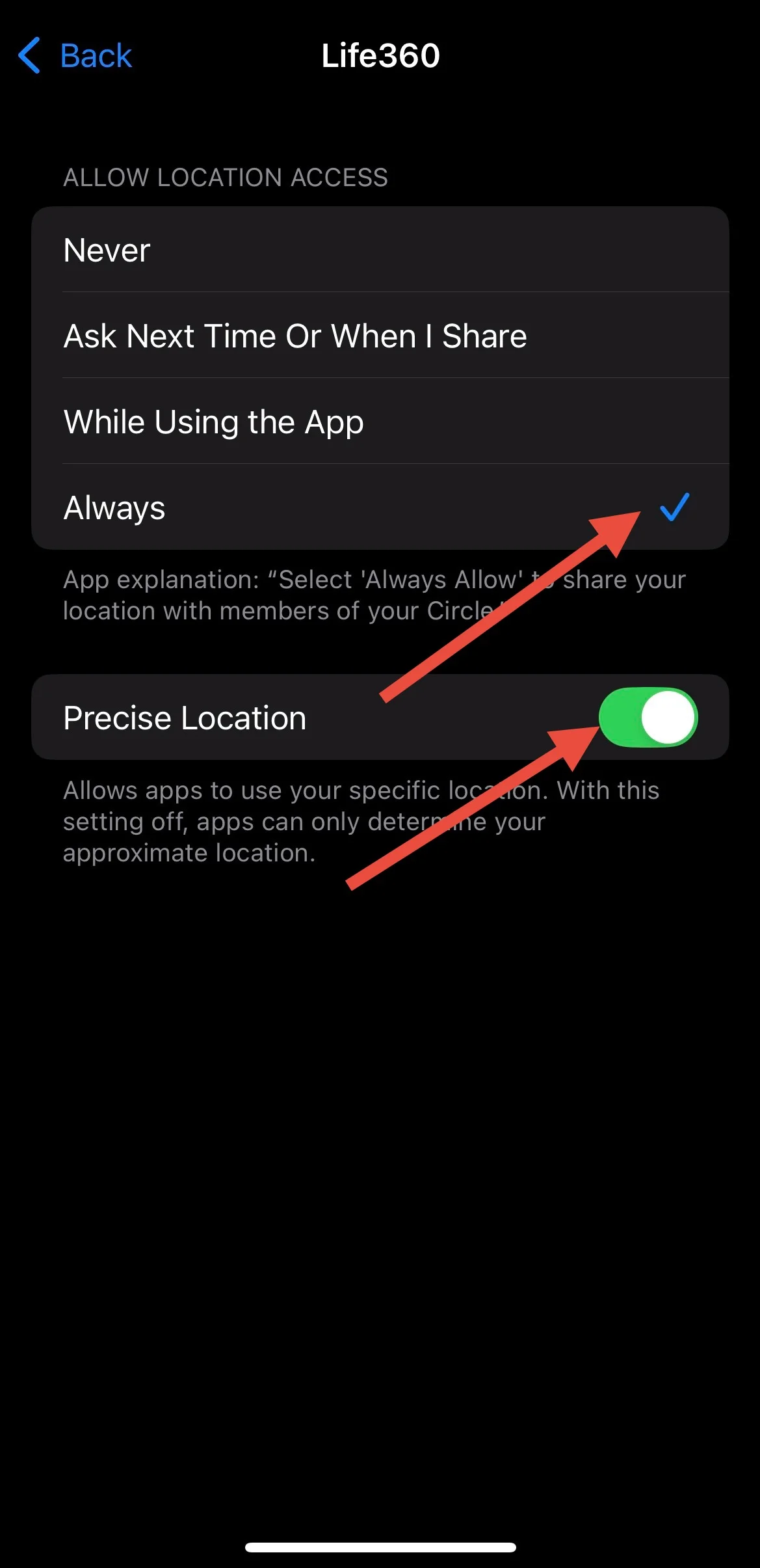 Life360 location access iOS