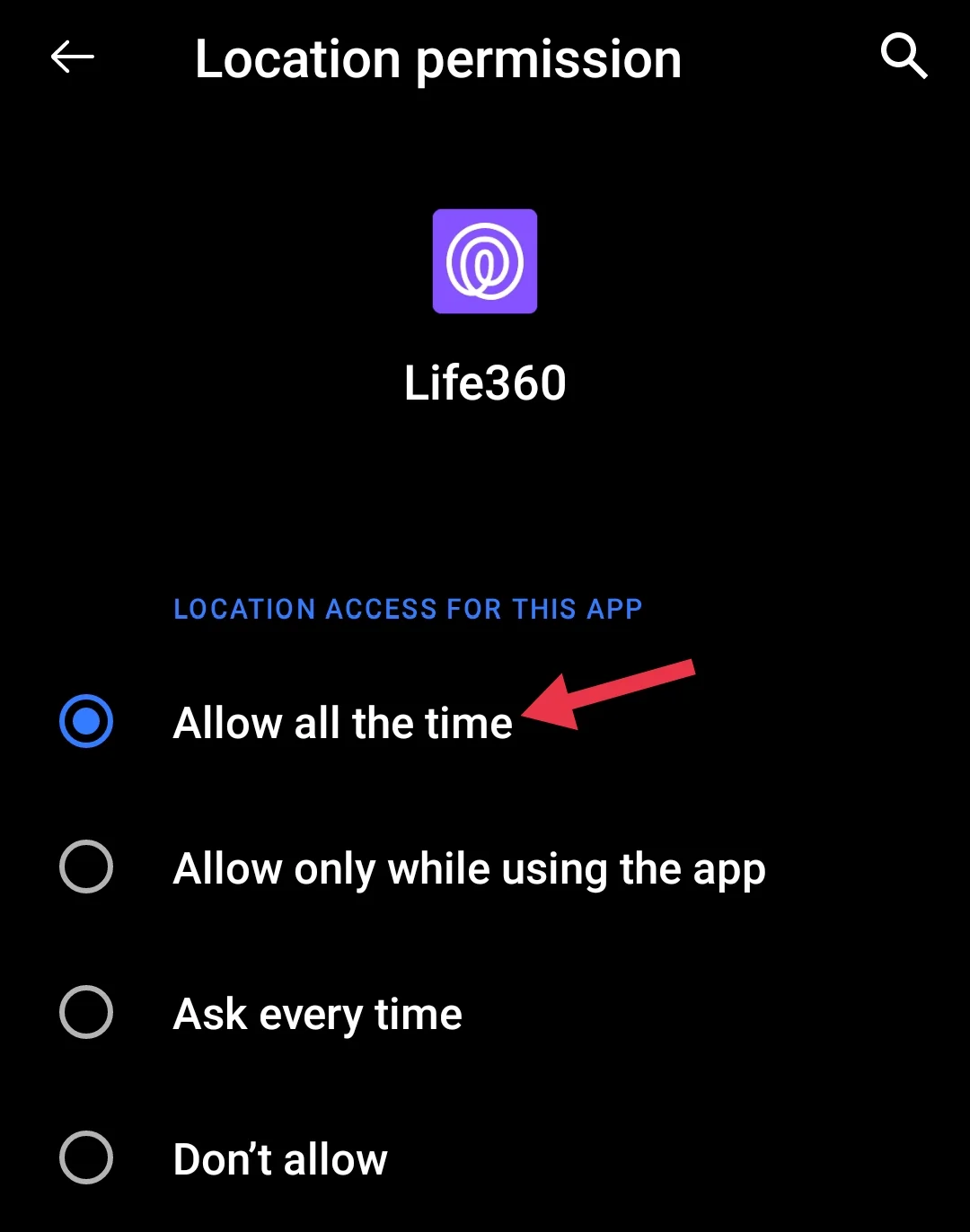 Location access for Life360 app Android