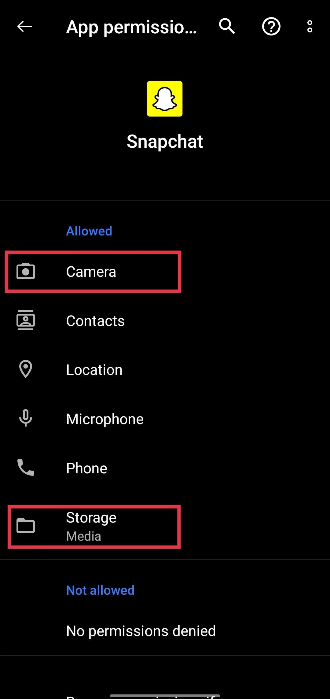 Snapchat app storage and camera permission