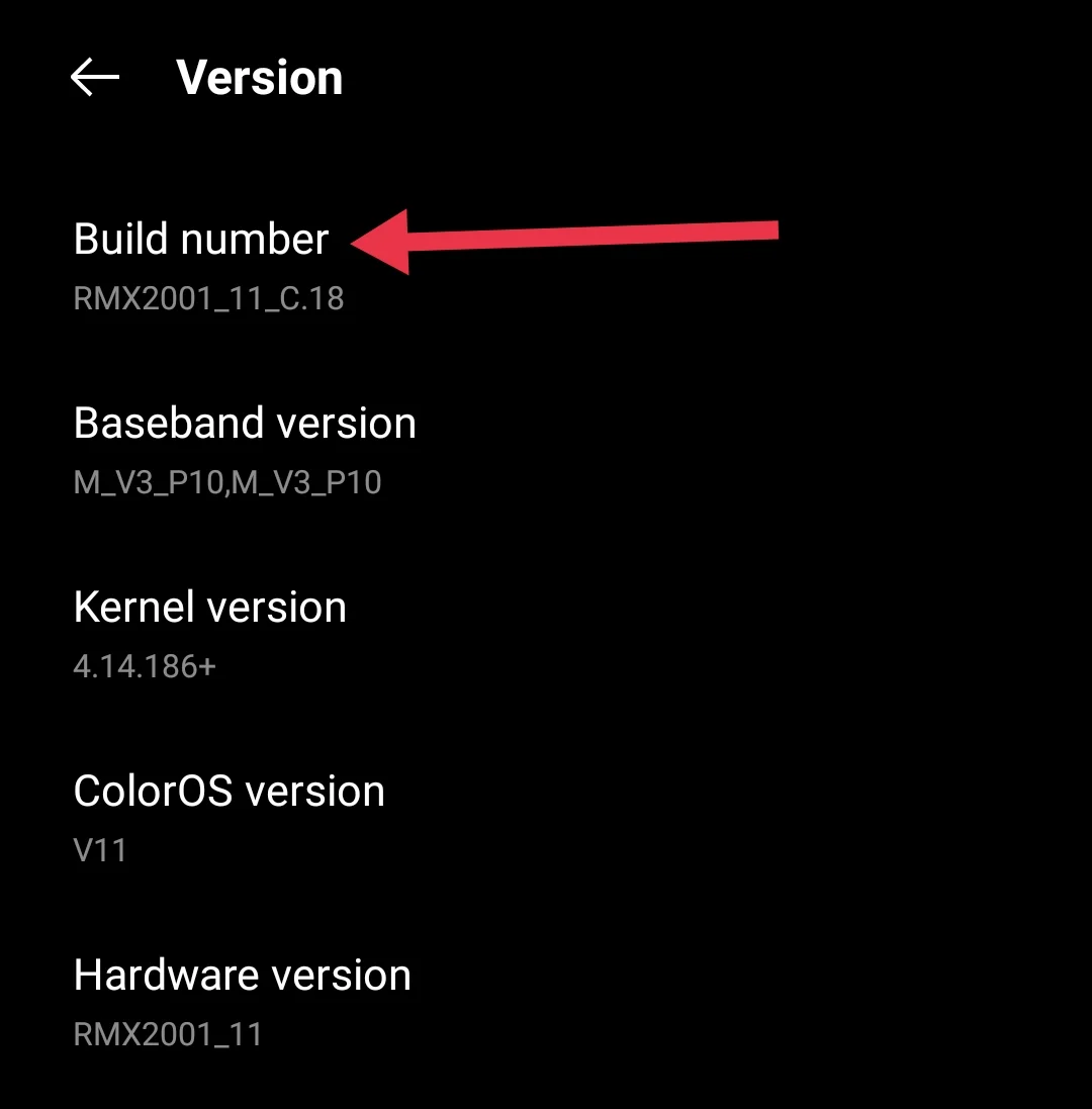 Build number on Android