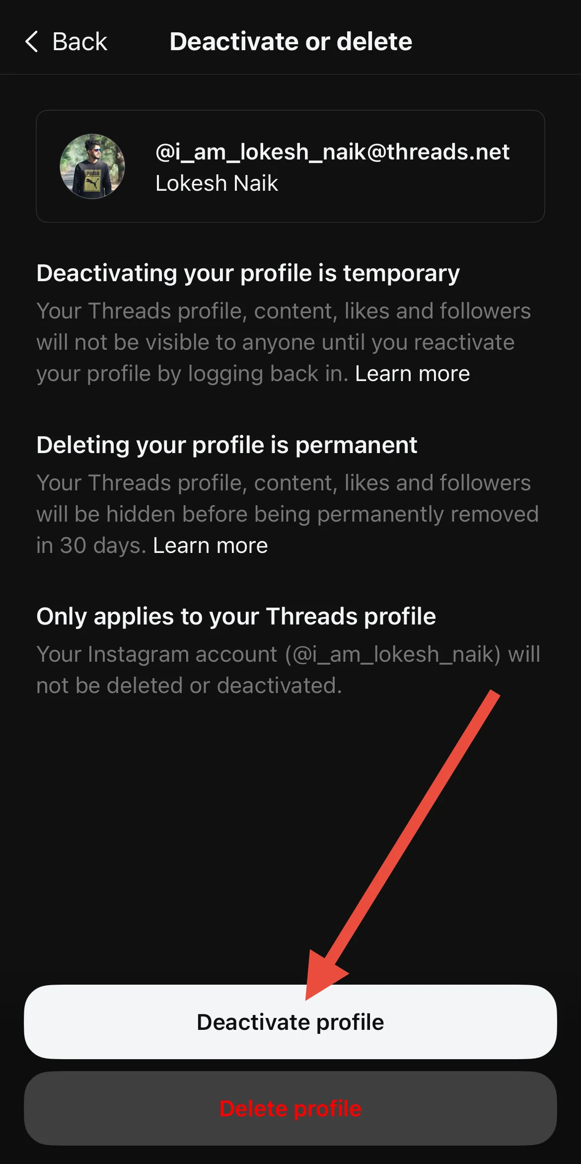 Deactivate profile on Threads