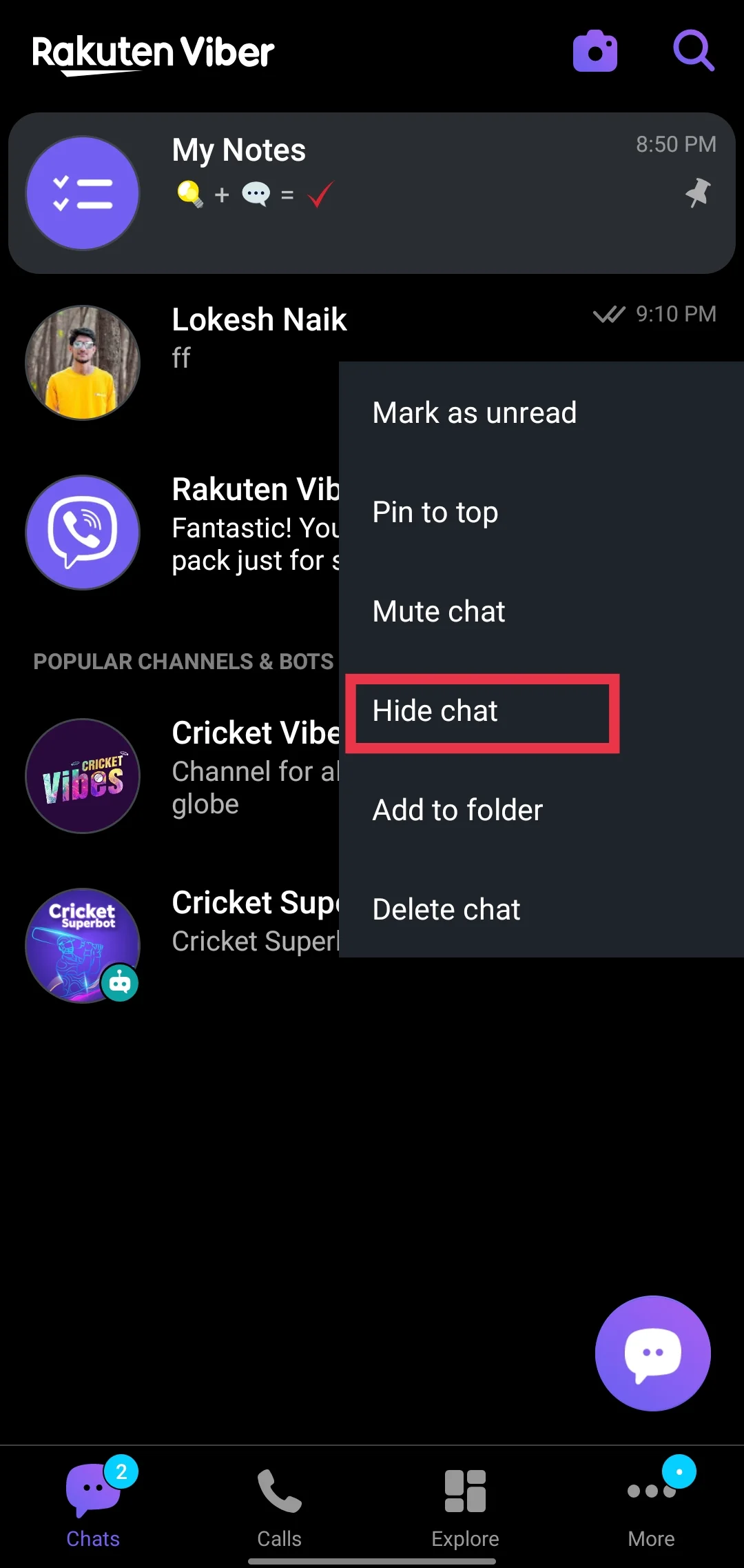 Hide chat Viber