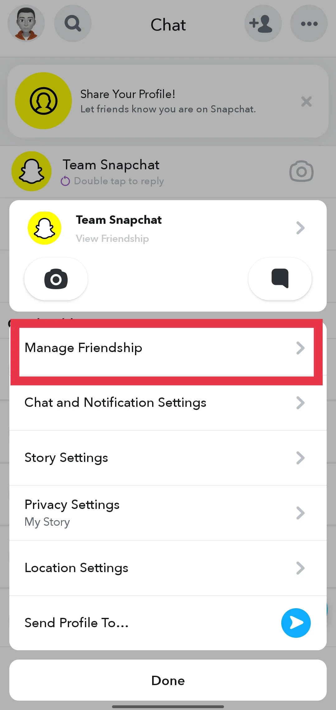 Manage Friendship for Snapchat option