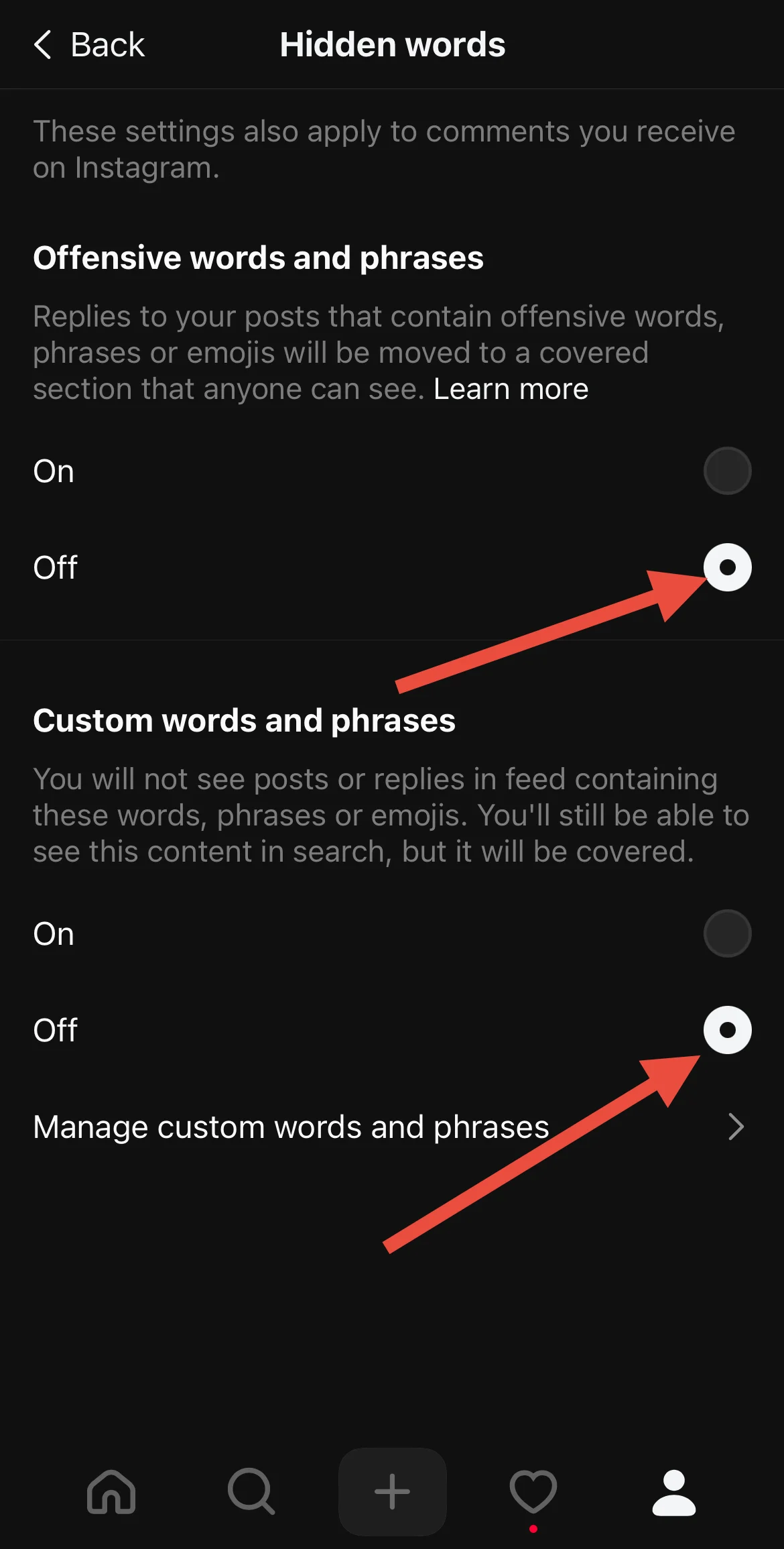 Threads turn off offensive words and phrases