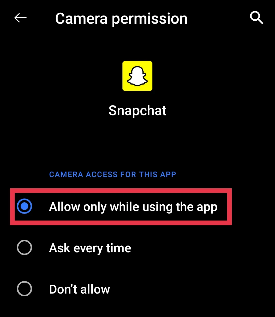 Allow camera permissions for Snapchat