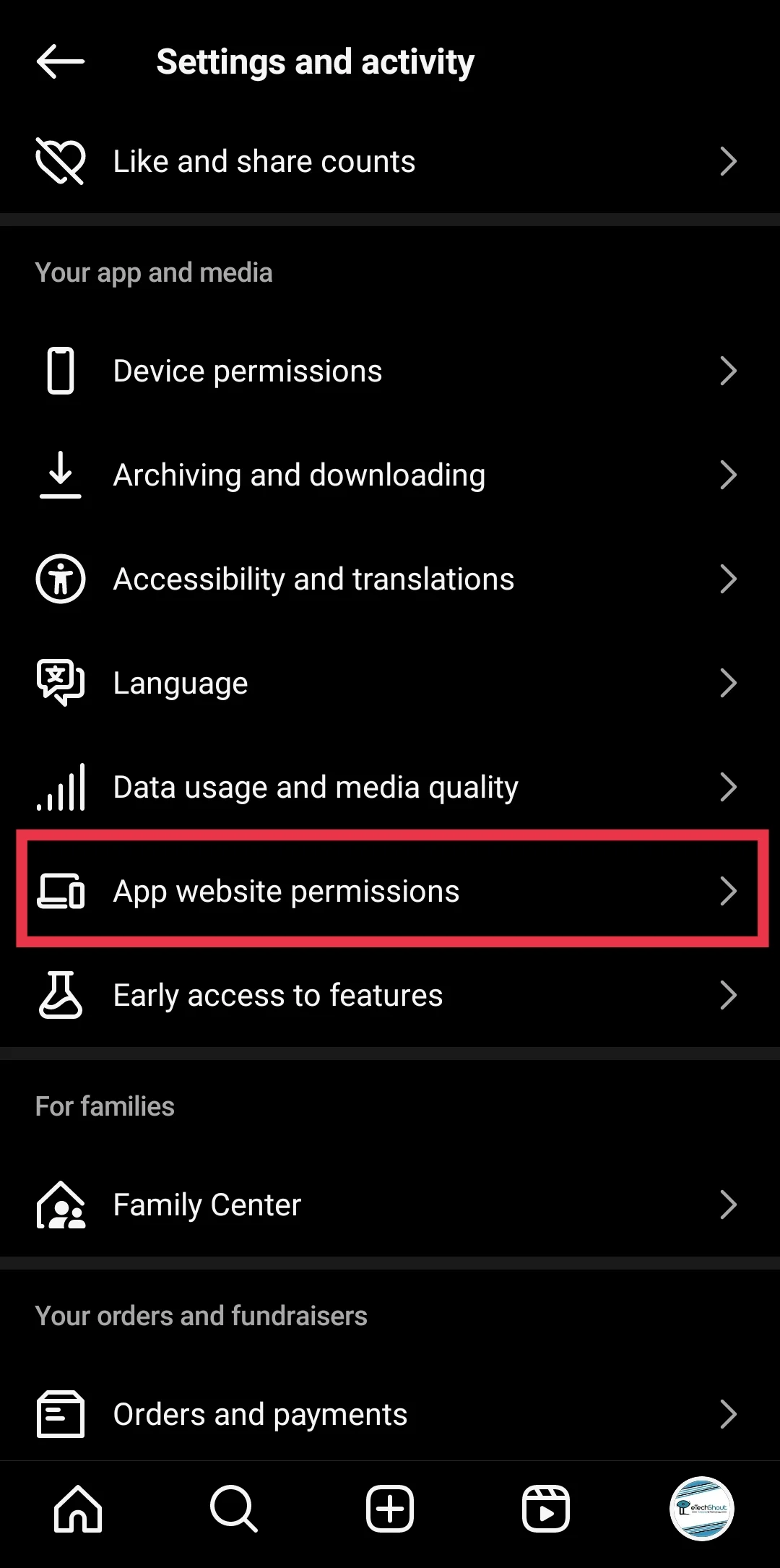 App website permissions Instagram app