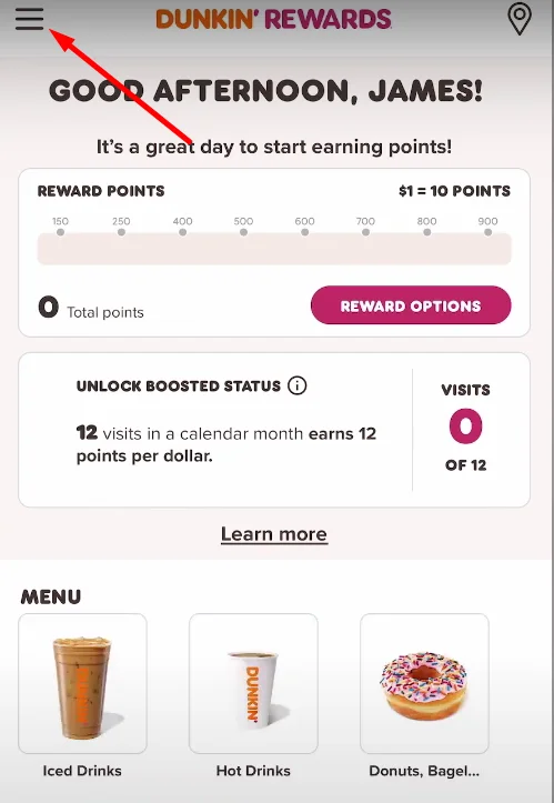 Dunkin App Menu