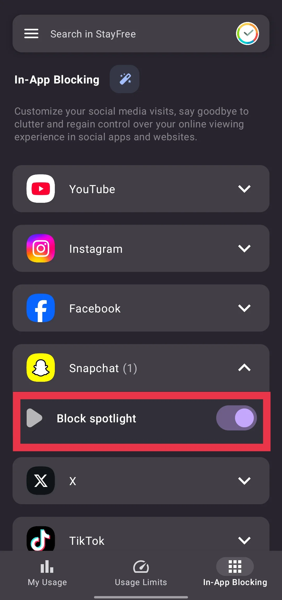 Enable Block Spotlight toggle