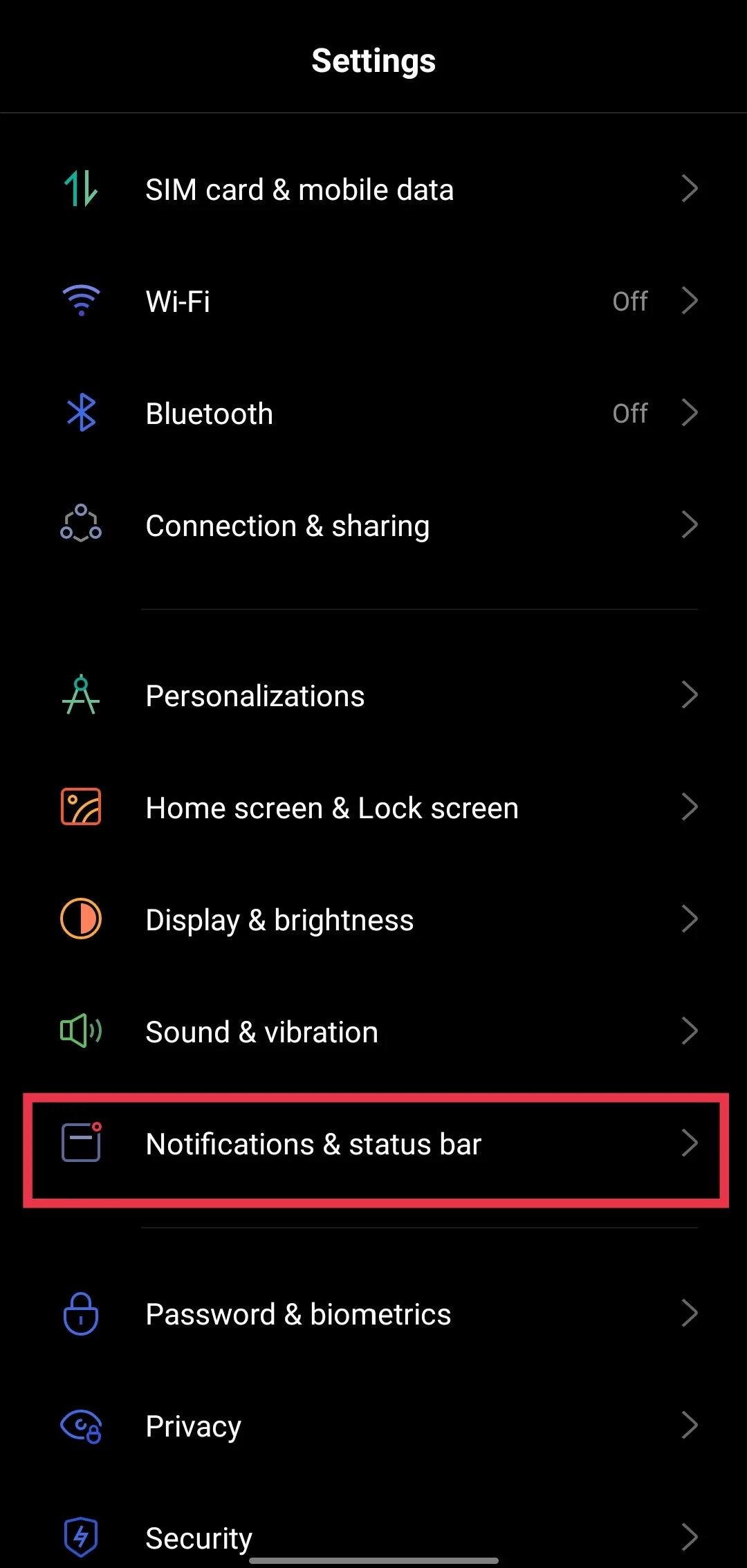 Notifications and status bar