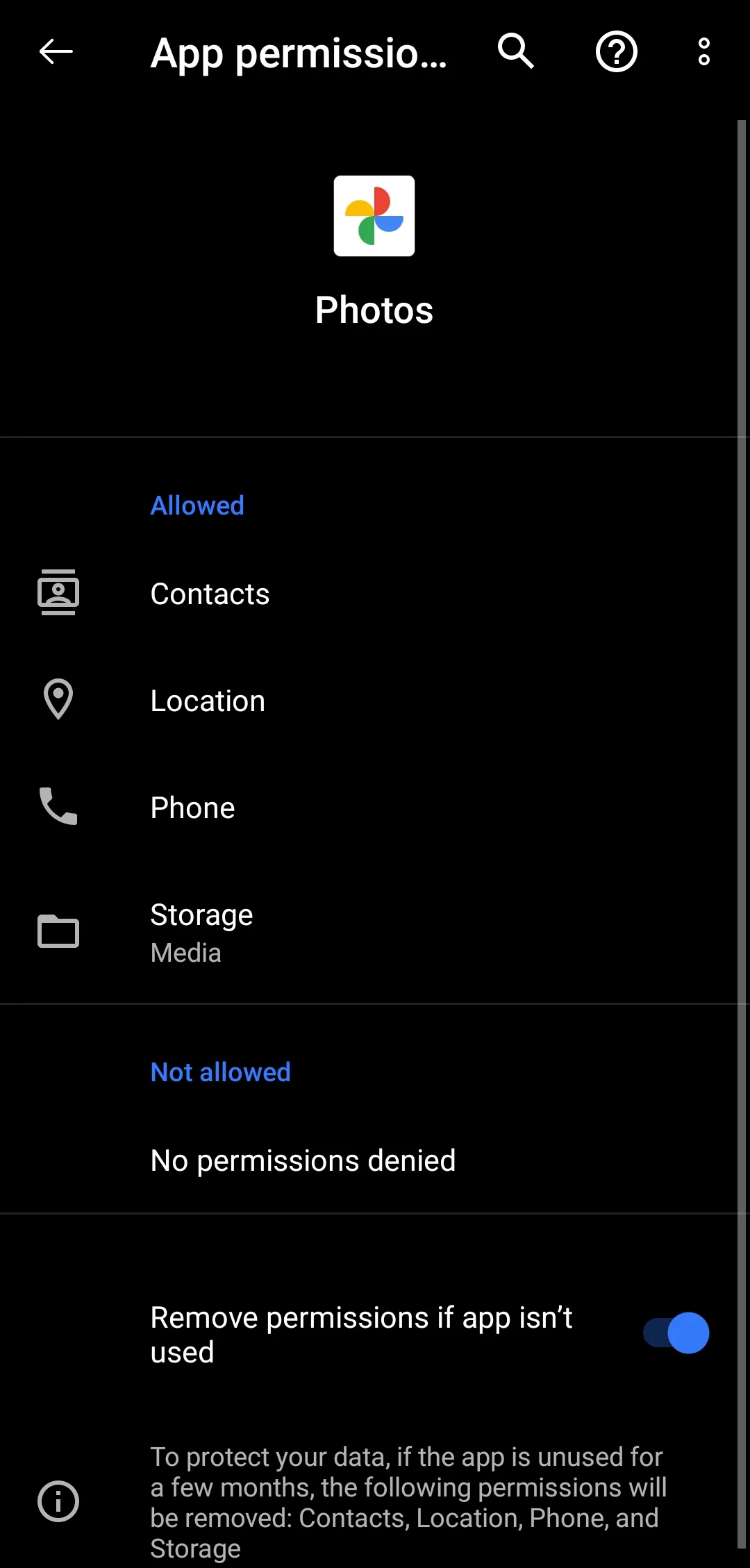 Permissions for Google Photos app