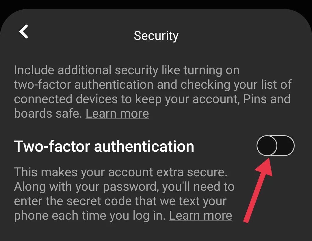 Pinterest two-factor authentication off