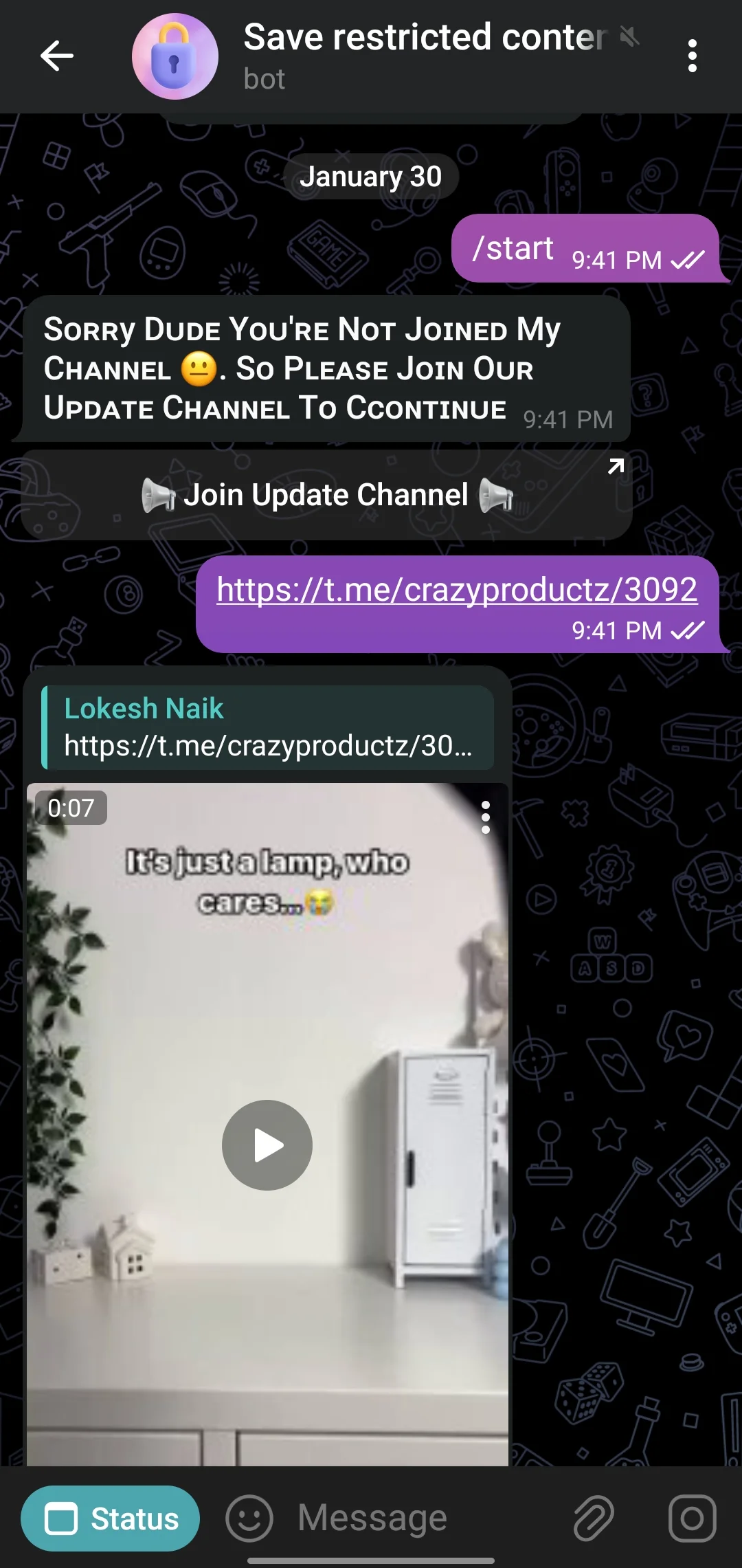 Restricted Telegram video downloaded from bot