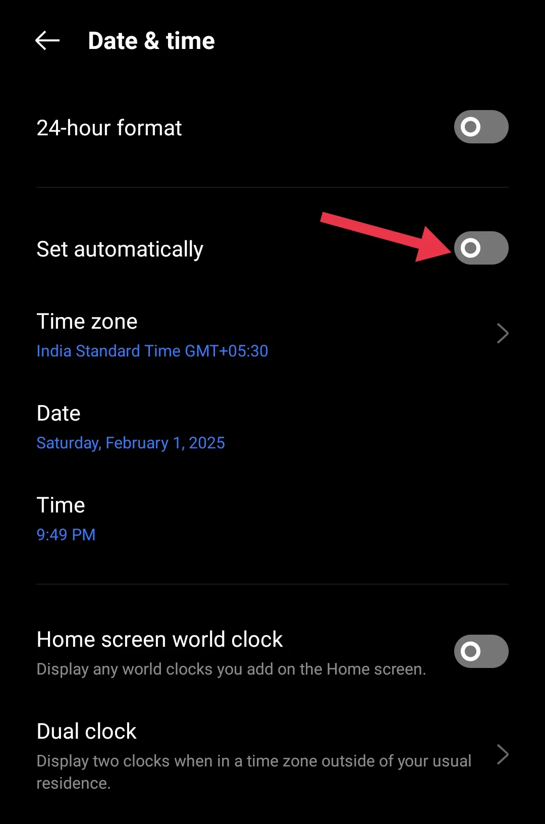 Turn off automatic date and time