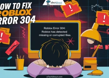 "A frustrated gamer looking at a computer screen displaying 'Roblox Error 304: Missing or Corrupted Files'