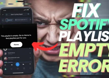 Frustrated user looking at an empty Spotify playlist on their phone with a glitchy background, highlighting the issue of missing songs.