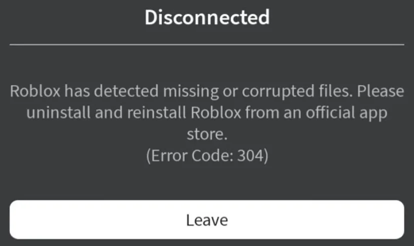 Roblox Error 304 message