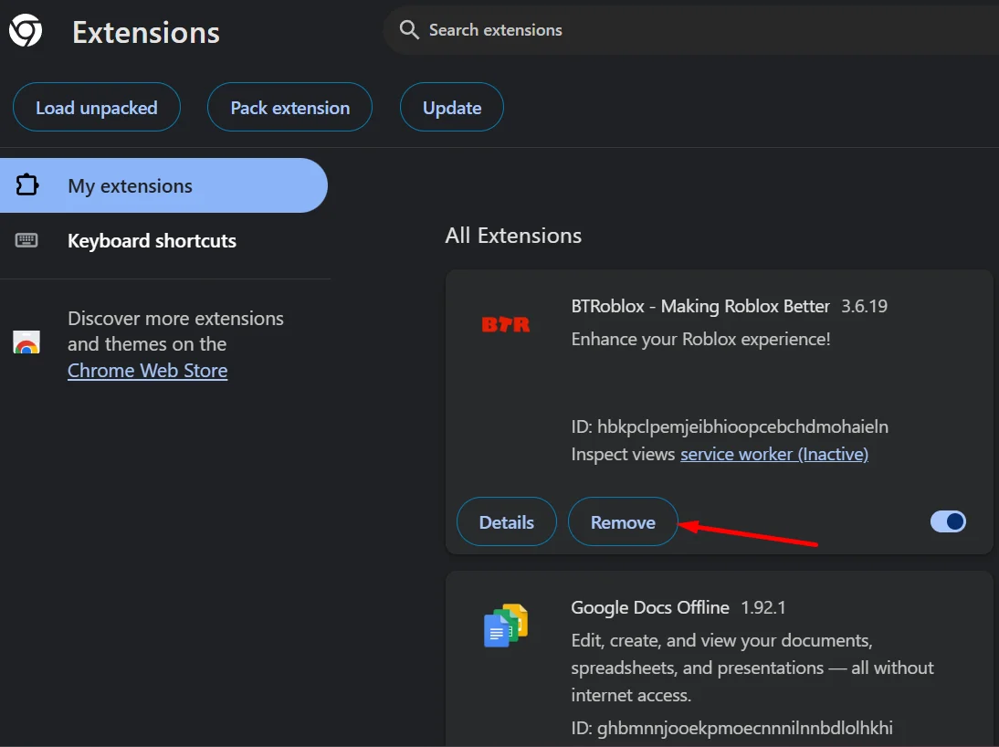 Remove the BTRoblox extension from your browser's extensions list