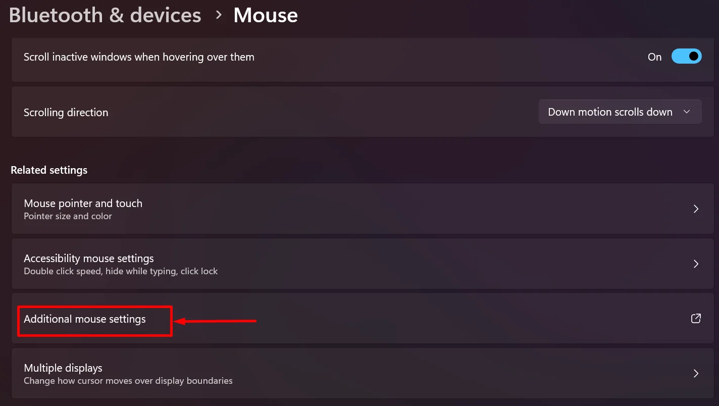 Click on Additional mouse settings at the bottom of the mouse settings page in Windows