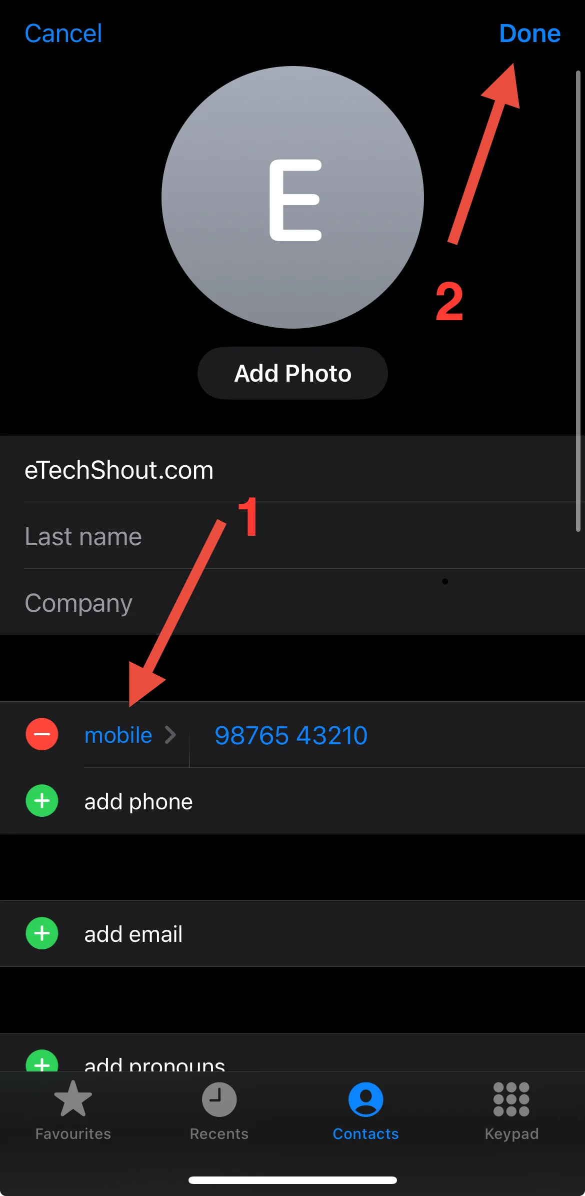 Change the contact’s phone label from iPhone to Mobile and tap Done