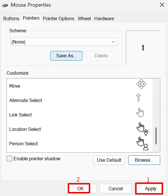 Click apply and then OK to save the new mouse pointer settings