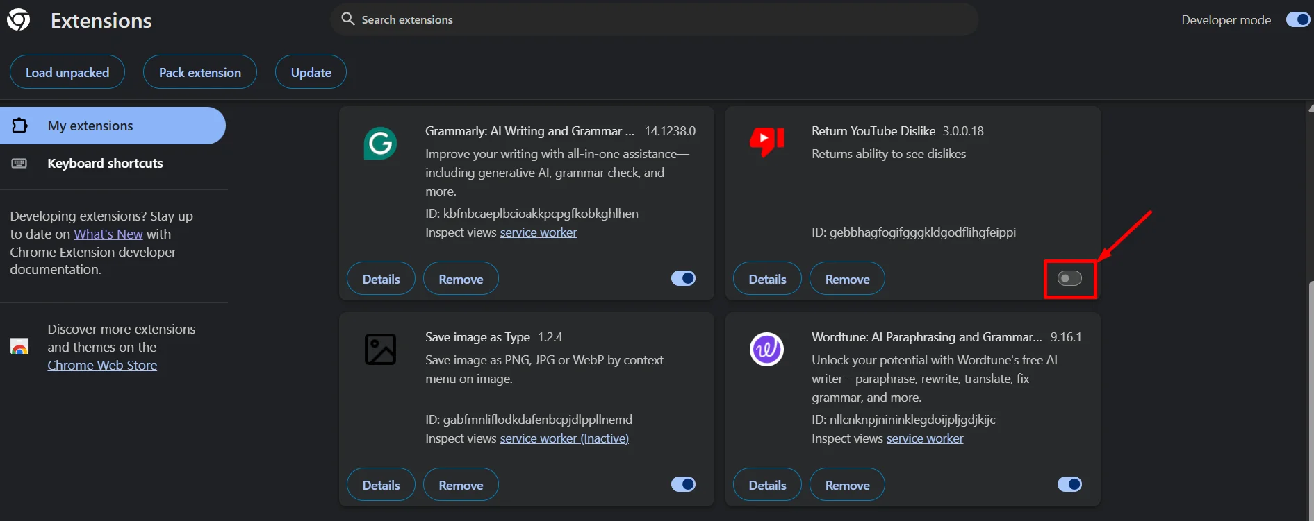 Turning off the toggle to disable the Return YouTube Dislike extension in the browser’s extensions settings