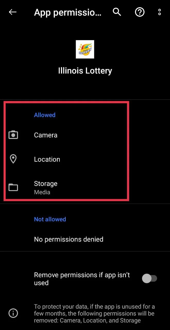Allow location and other required permissions for the Illinois Lottery app
