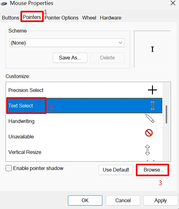 In the pointers tab, select text select option and click on browse
