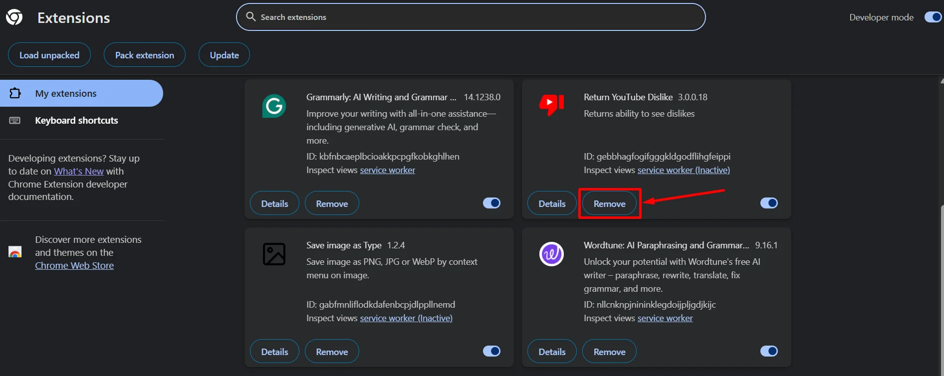 remove the Return YouTube Dislike extension from your browser by clicking the Remove button
