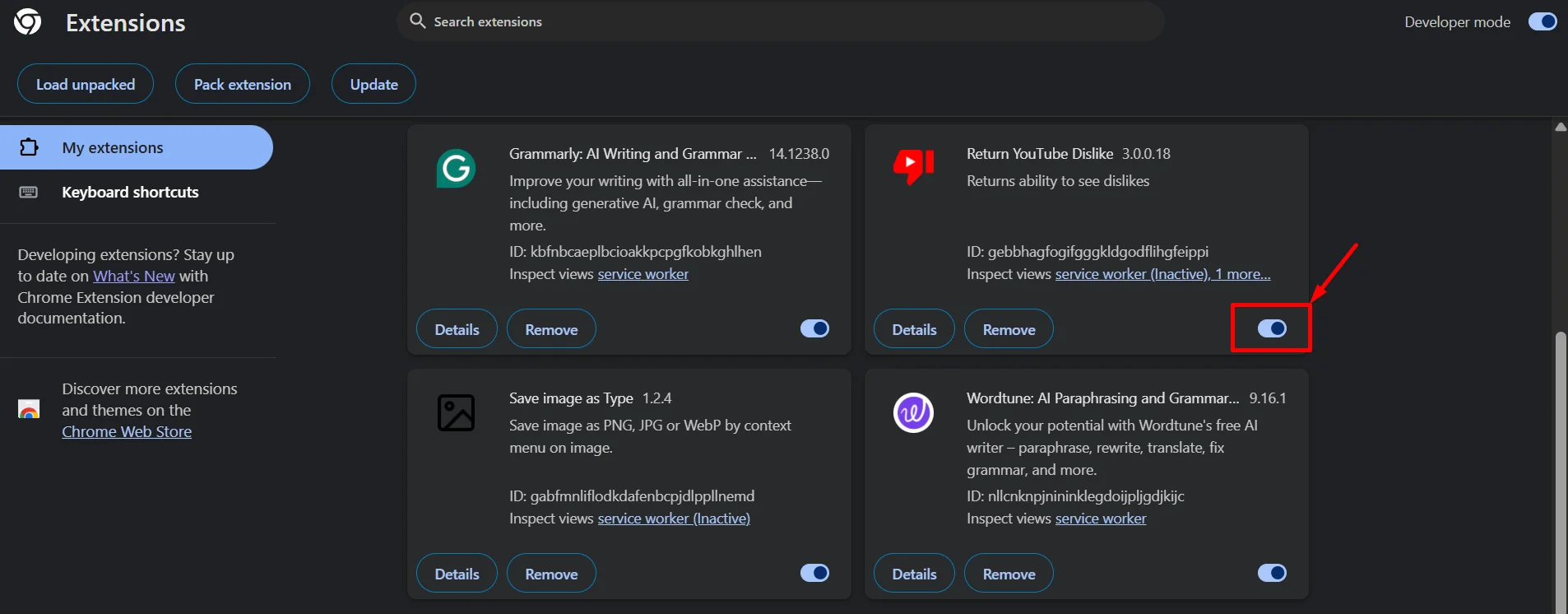 Screenshot of the Return YouTube Dislike extension turned on in the browser’s extensions page