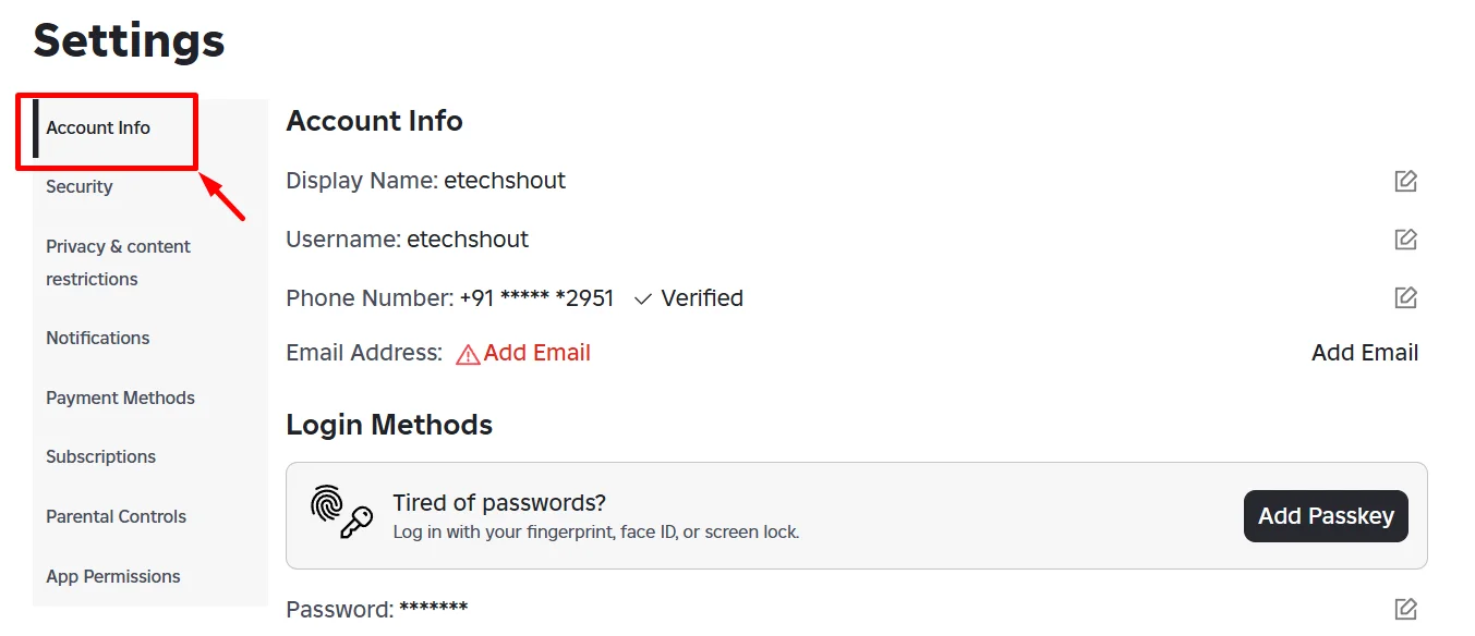 Roblox account info section on the website settings page