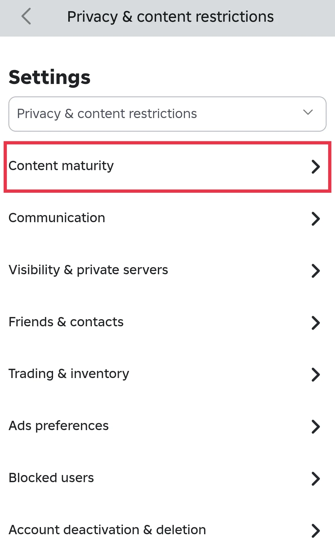 Inside Roblox Privacy settings, tap on Content Maturity to adjust maturity level