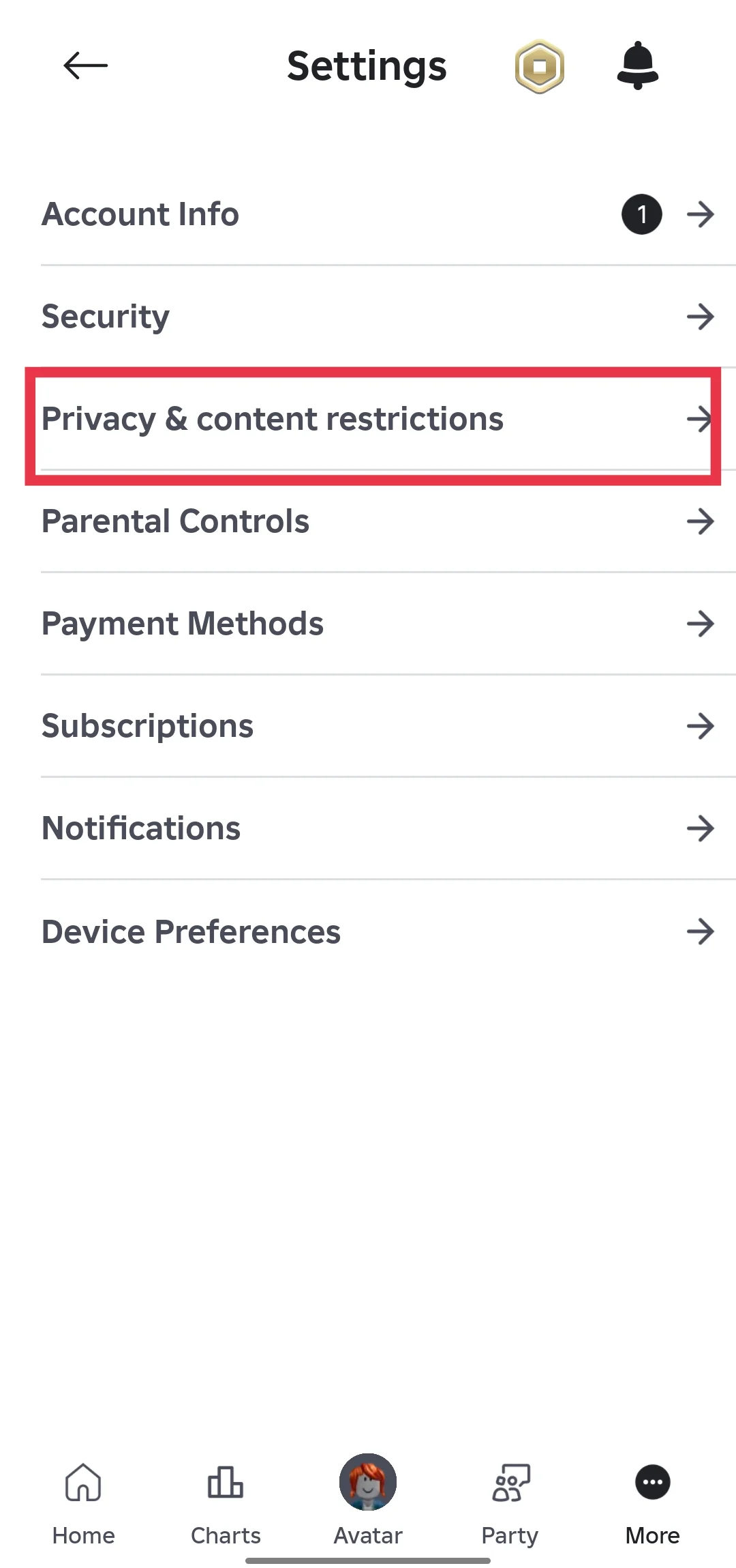 Roblox app Settings, then Privacy to access content restrictions