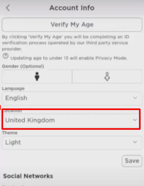 change Roblox account location from the mobile app settings