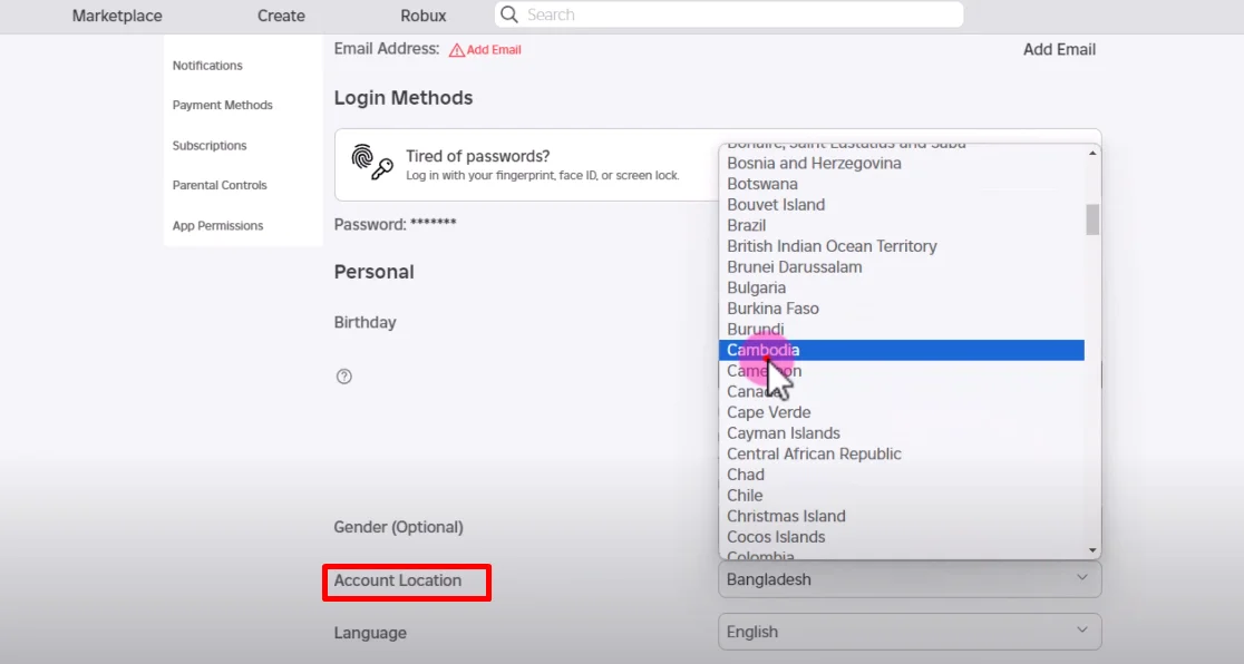 Changing account location on Roblox website by selecting a new country