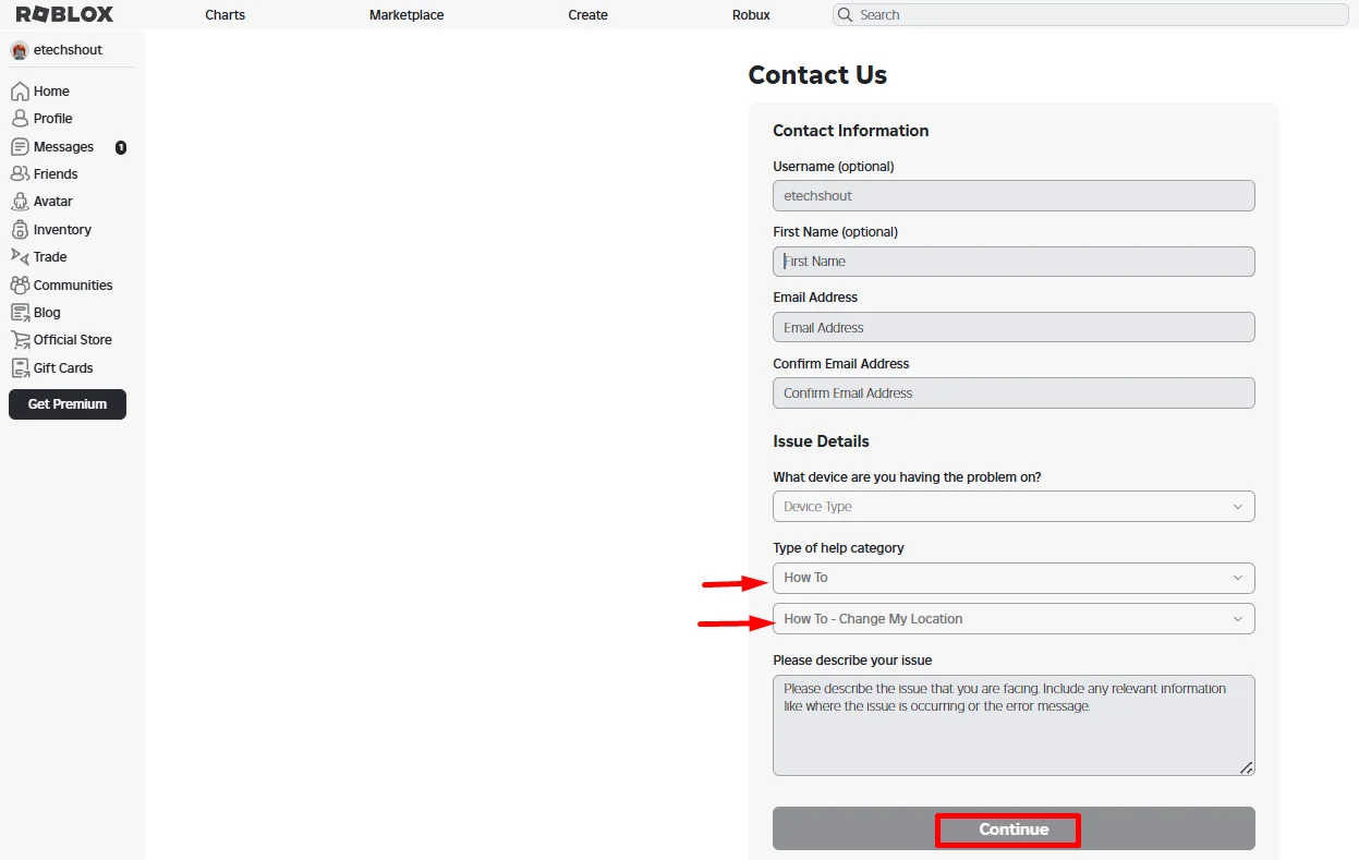 Submitting a request on Roblox support page to change account location