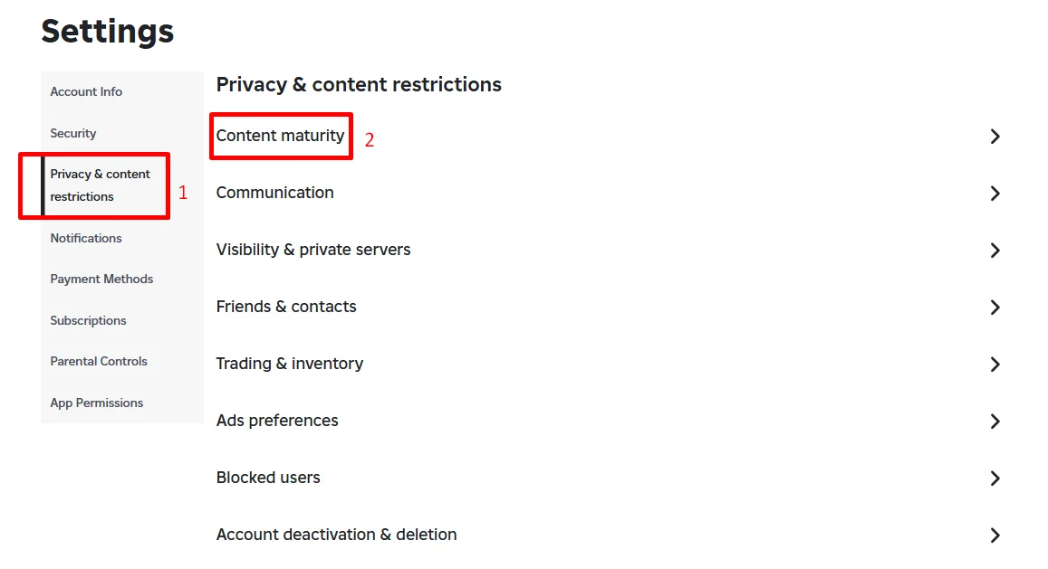 On Roblox website, go to Privacy settings to update content maturity level from a desktop browser