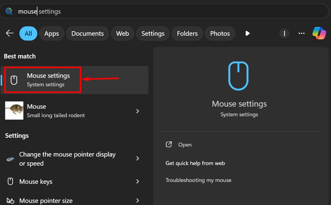 Search for mouse settings in the Windows Start menu