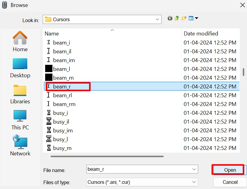 Choose beam_r from the list of cursor files for text selection