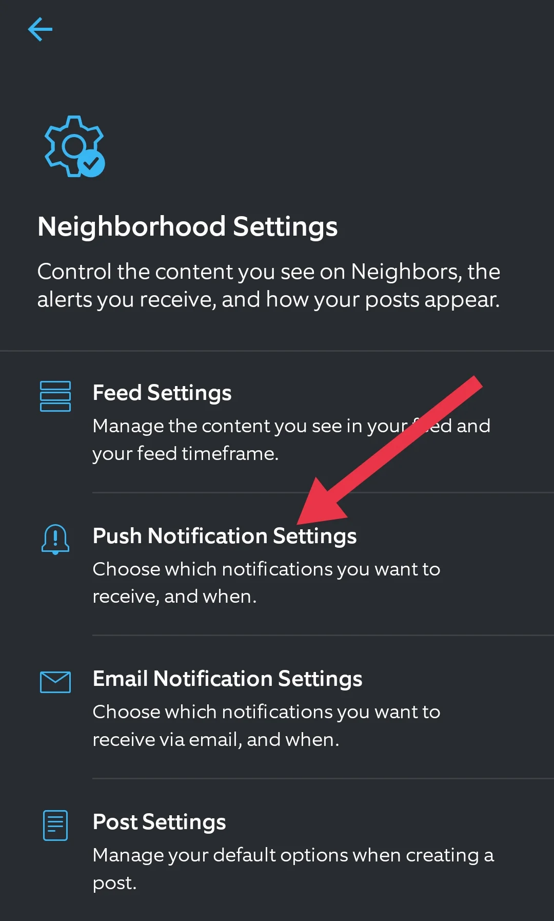 Tap Push Notification Settings inside Neighborhood Settings
