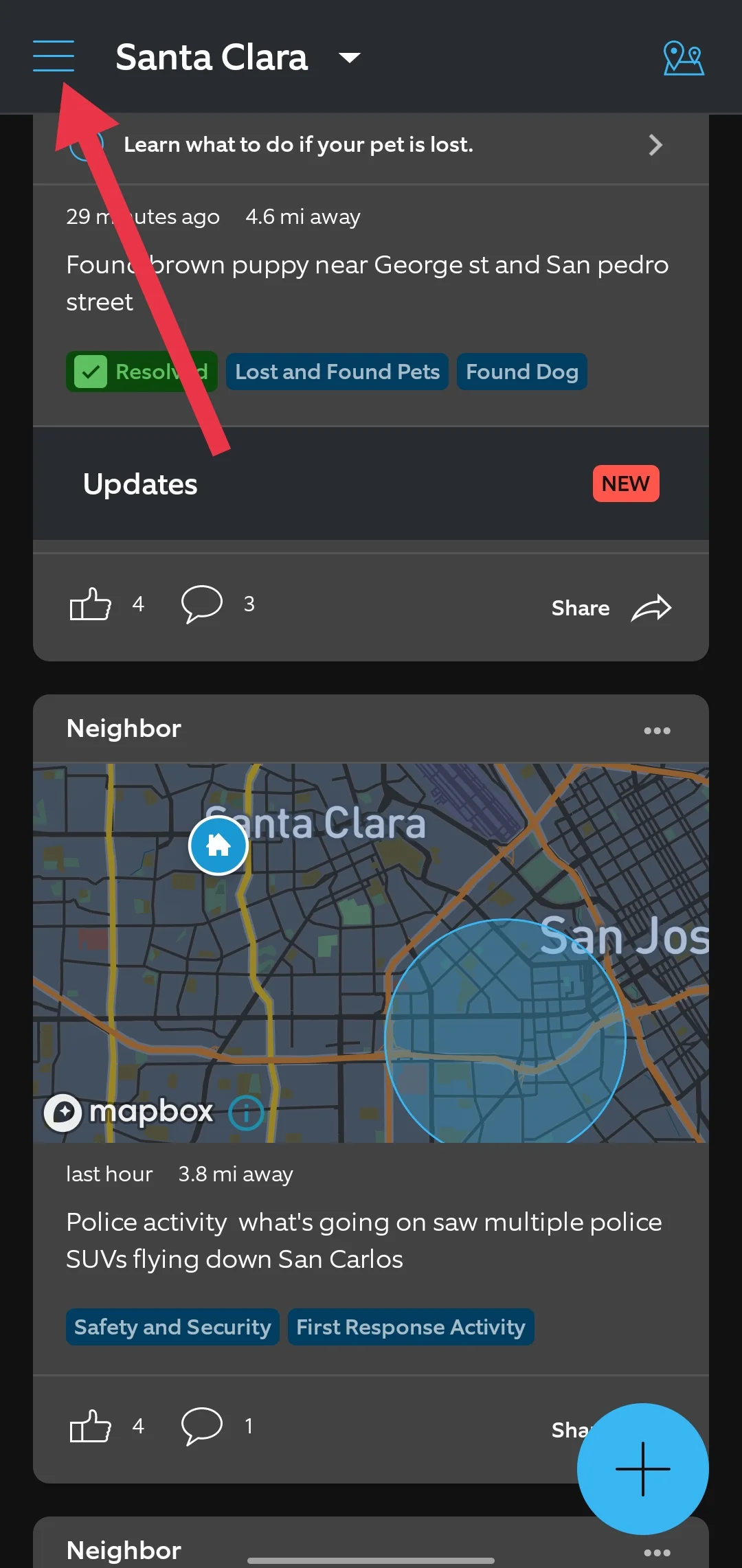 Tap the three lines menu icon in the top left corner of the Ring app home screen