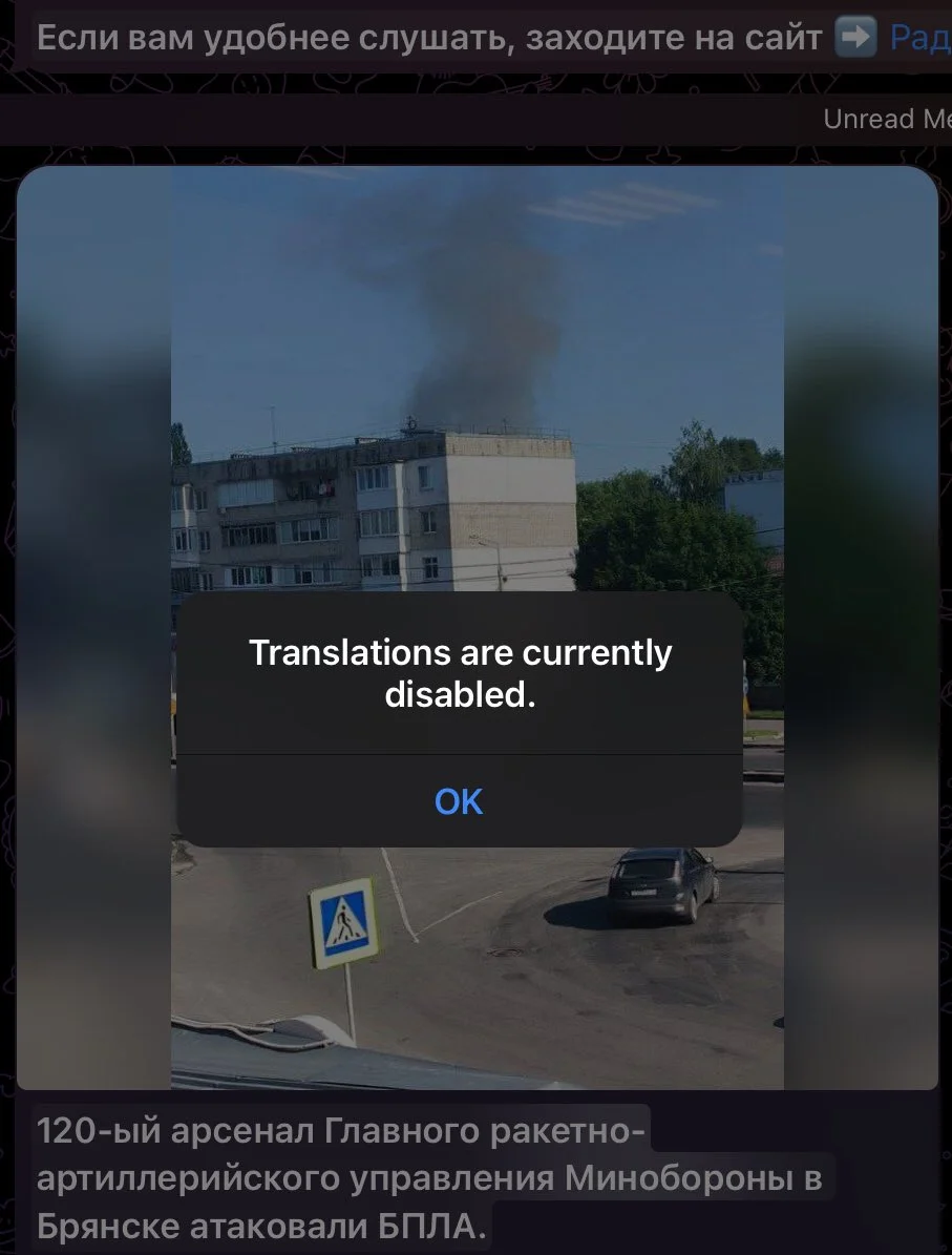 Screenshot showing the “Telegram Translations are Currently Disabled!” message inside the Telegram app.