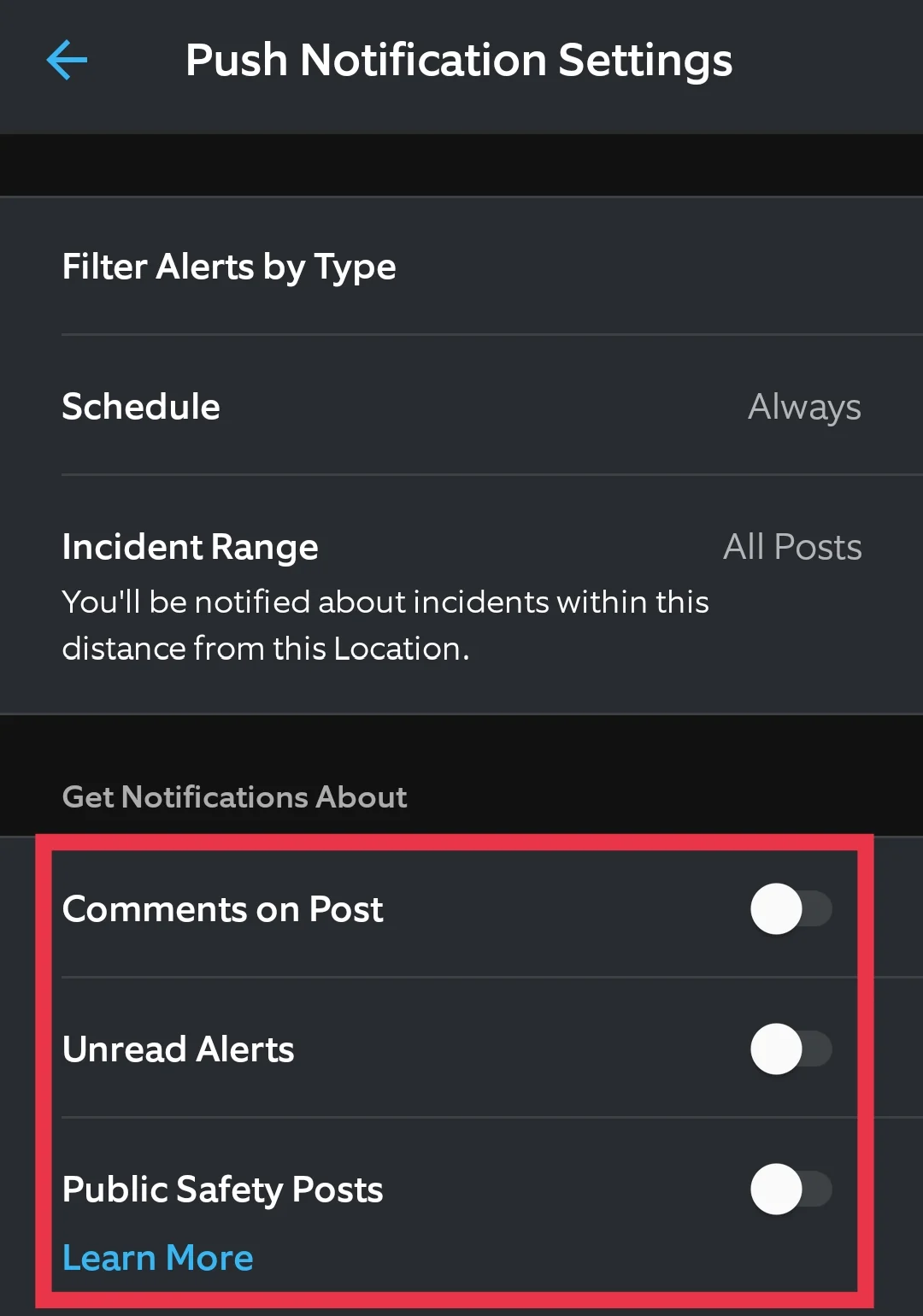 Turn off toggles for Comments on Posts, Unread Alerts, and Public Safety Posts in the Ring app