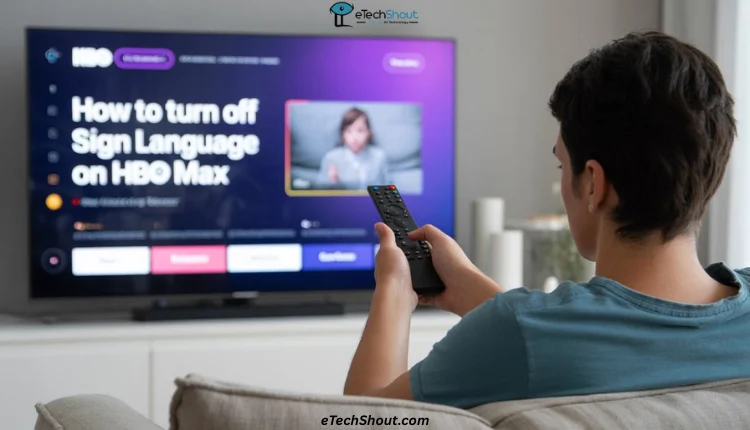 Step-by-step guide showing how to turn off the sign language interpreter on HBO Max using the audio and subtitle settings